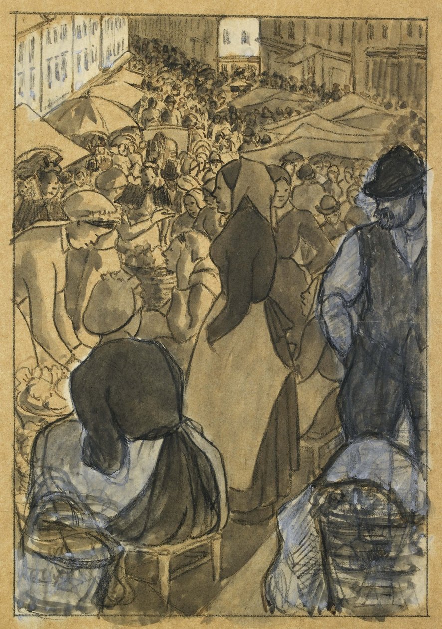 Cena do mercado (lápis preto com caneta e tinta preta, lavagem cinza e bodycolour branco em papel vegetal, colocado em papel branco rígido) de Camille Jacob Pissarro