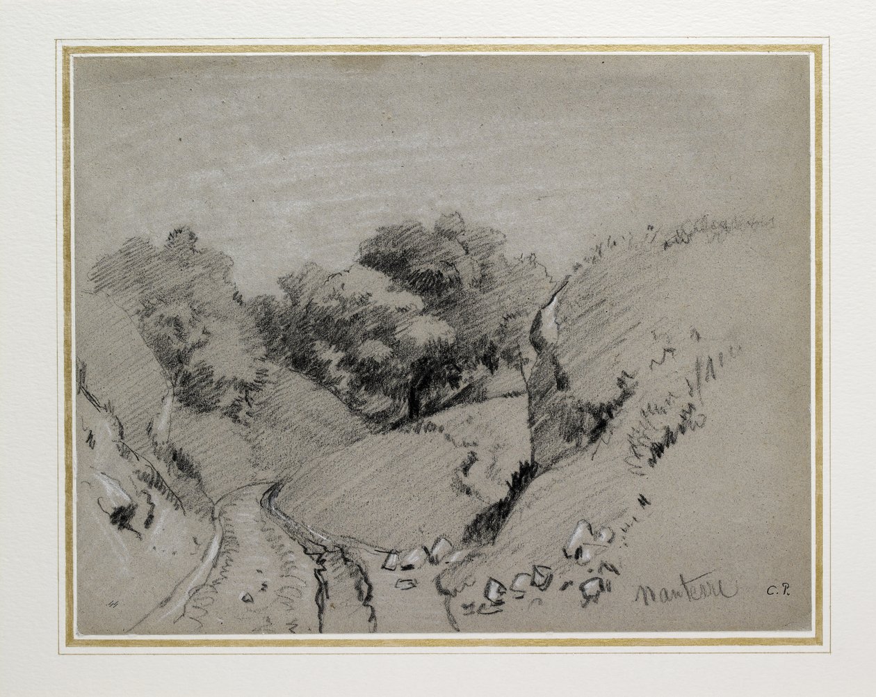 Nanterre, c. 1860 (carvão aumentado com giz branco em papel cinza) de Camille Jacob Pissarro