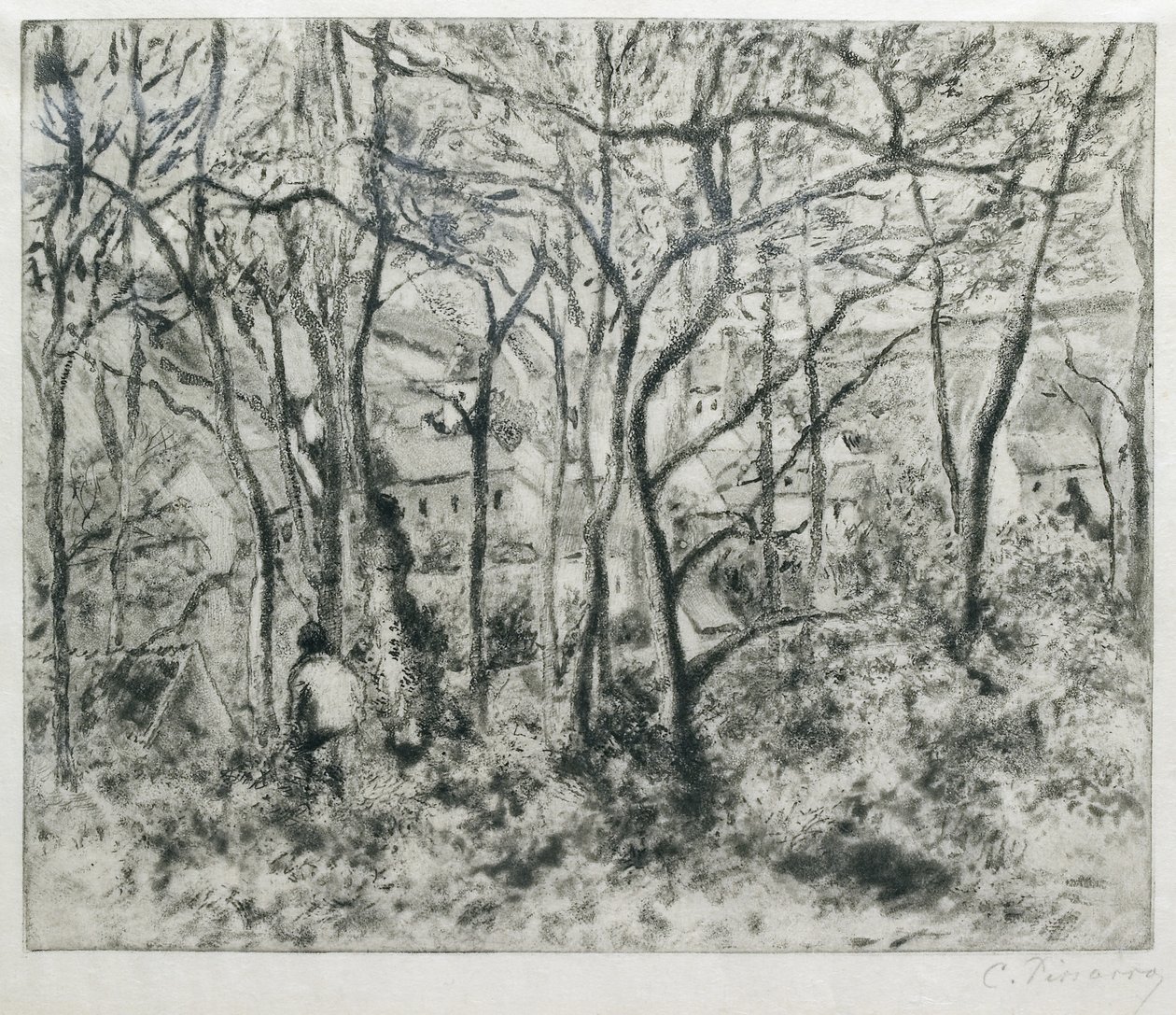 Paisagem sob a madeira, no Hermitage (Pontoise), 1879 (aquatint e drypoint) de Camille Jacob Pissarro