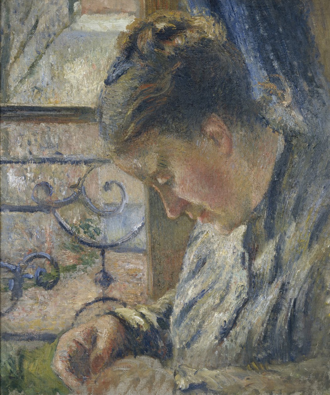 Retrato de Madame Pissarro costurando ao lado de uma janela, século XIX de Camille Jacob Pissarro
