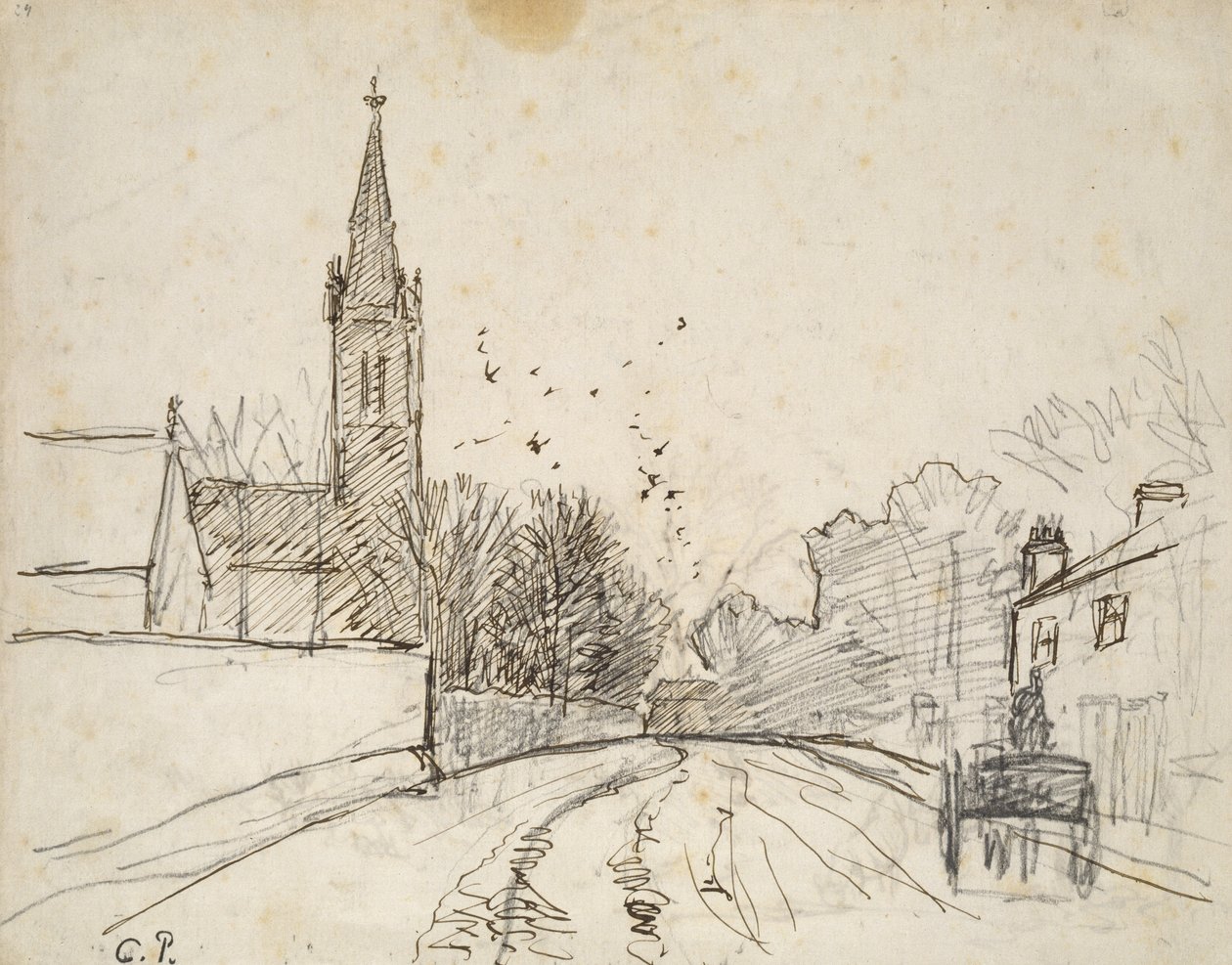 Recto: Estudo de Upper Norwood, Londres, com All Saints Church, 1871 (caneta e tinta marrom sobre grafite) de Camille Jacob Pissarro
