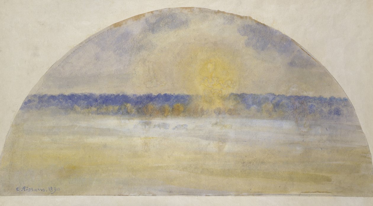 Sol poente e nevoeiro, Eragny (aquarela misturou com tempera em papel japonês colocado em veludo japonês) de Camille Jacob Pissarro
