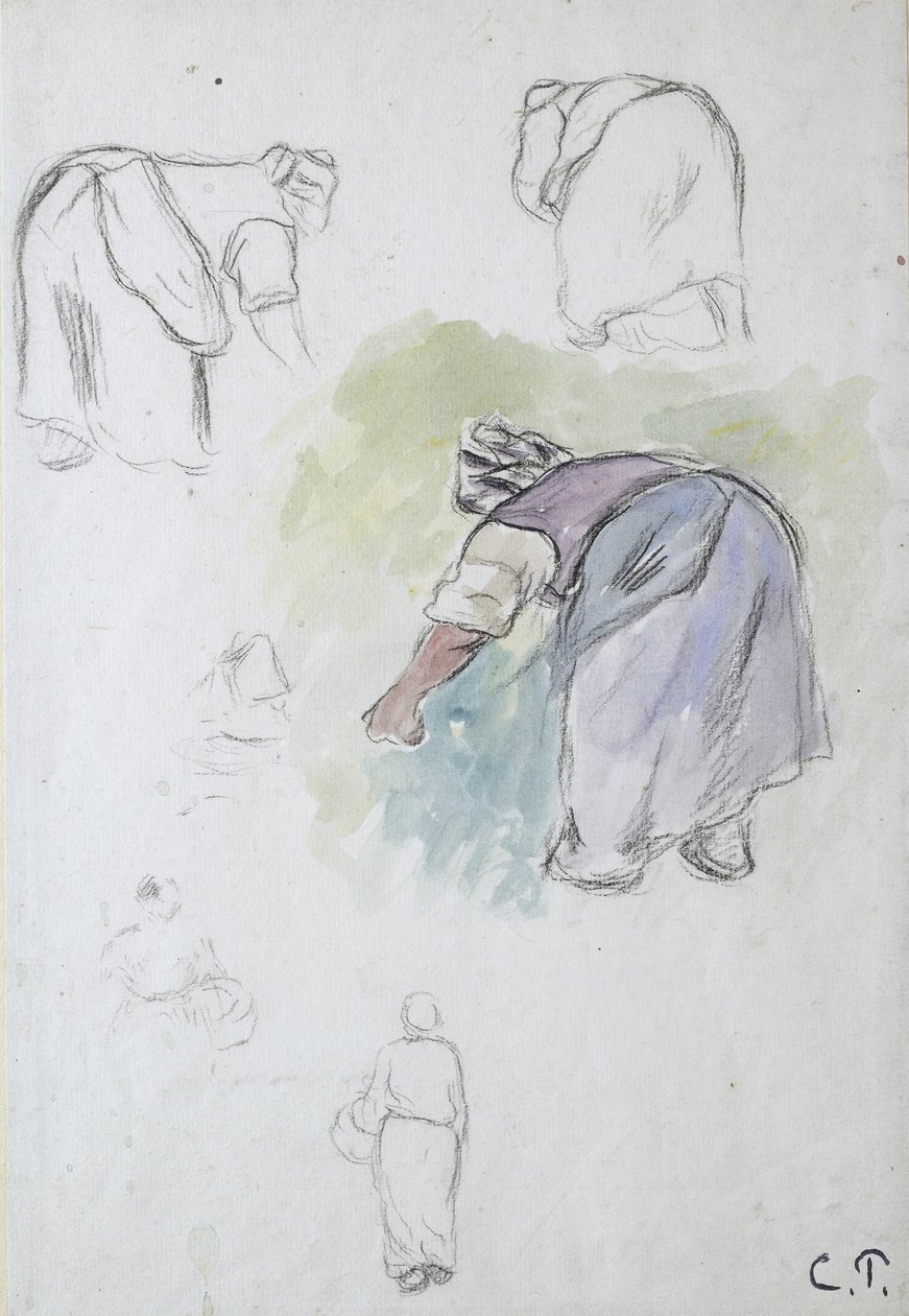 Folha de estudos: quatro estudos de uma dobra camponesa, e dois estudos de uma mulher segurando uma cesta vista de frente e de trás respectivamente, 1874 (giz preto e aquarela sobre carvão) de Camille Jacob Pissarro