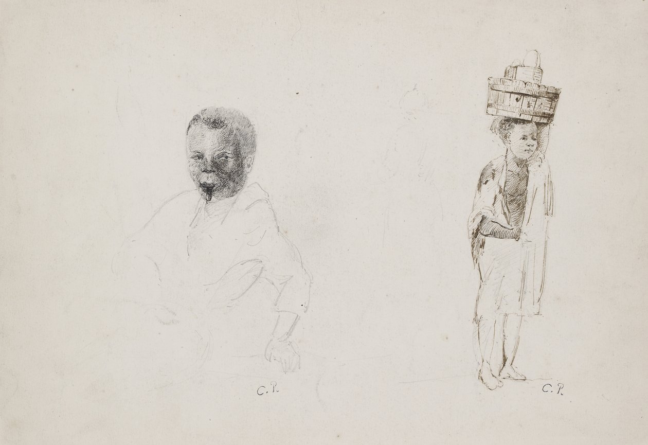 Estudos de dois jovens rapazes com ligeiras indicações de uma figura feminina, 1852 (lápis com caneta e tinta sobre papel) de Camille Jacob Pissarro
