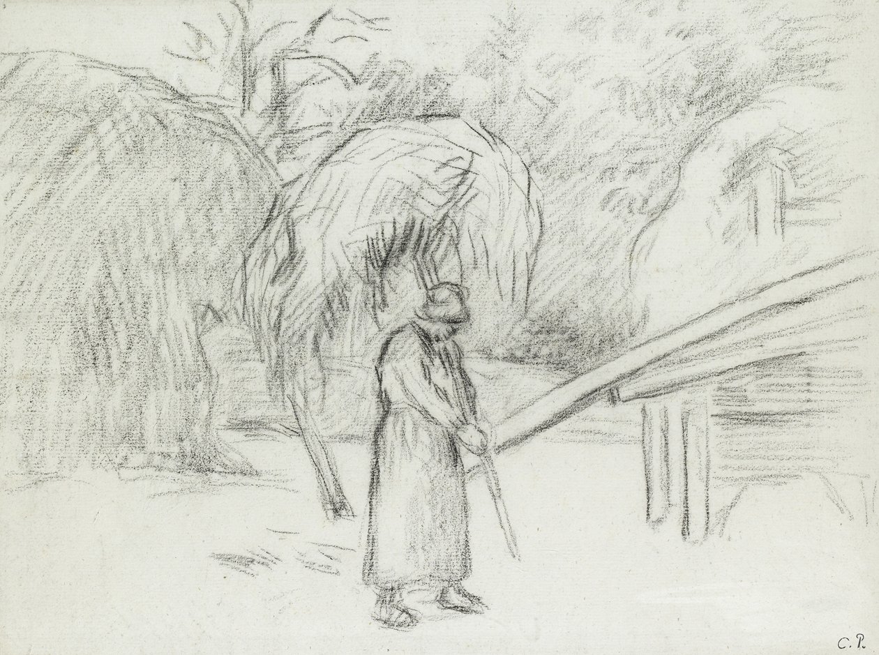 Estudo de uma camponesa carregando uma carga de feno no pátio de Foucault, c. 1875 (carvão vegetal) de Camille Jacob Pissarro