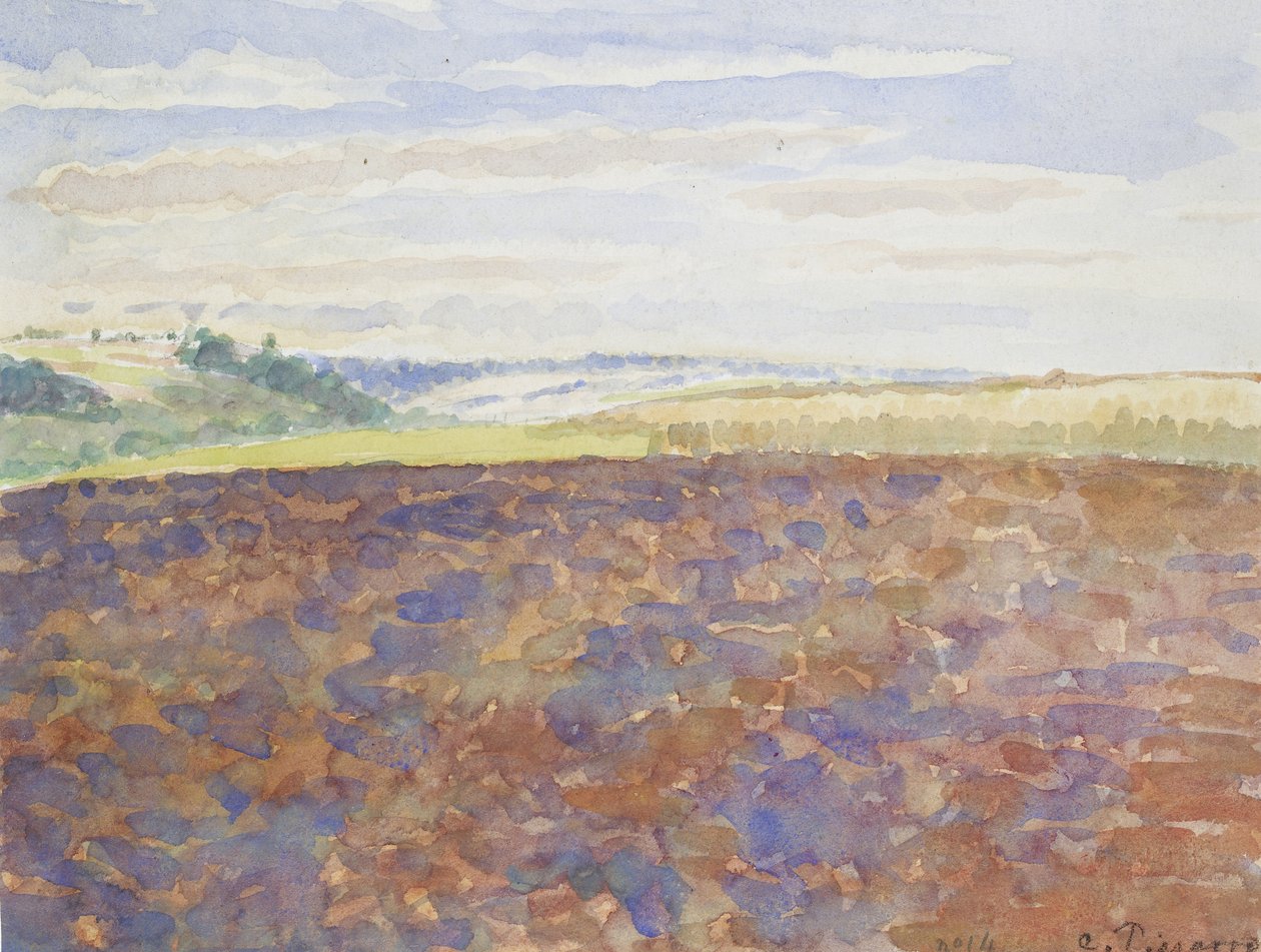Estudo de uma paisagem com um campo arado, Eragny-sur-Epte, c. 1886 - 1890 (aquarela sobre lápis) de Camille Jacob Pissarro