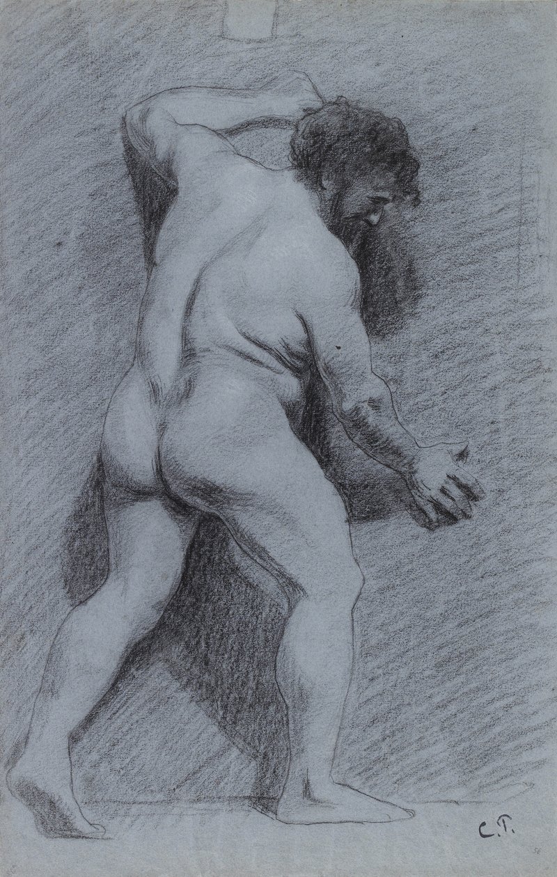 Estudo de um nu masculino posou contra uma parede, visto de perfil, virado para a direita de Camille Jacob Pissarro