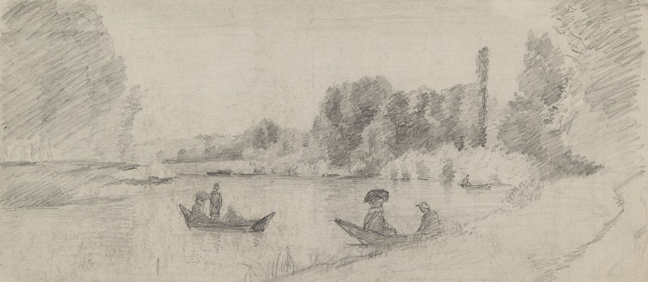 Estudo de uma paisagem fluvial com barcos, 1863 - 1864 (grafite sobre papel) de Camille Jacob Pissarro