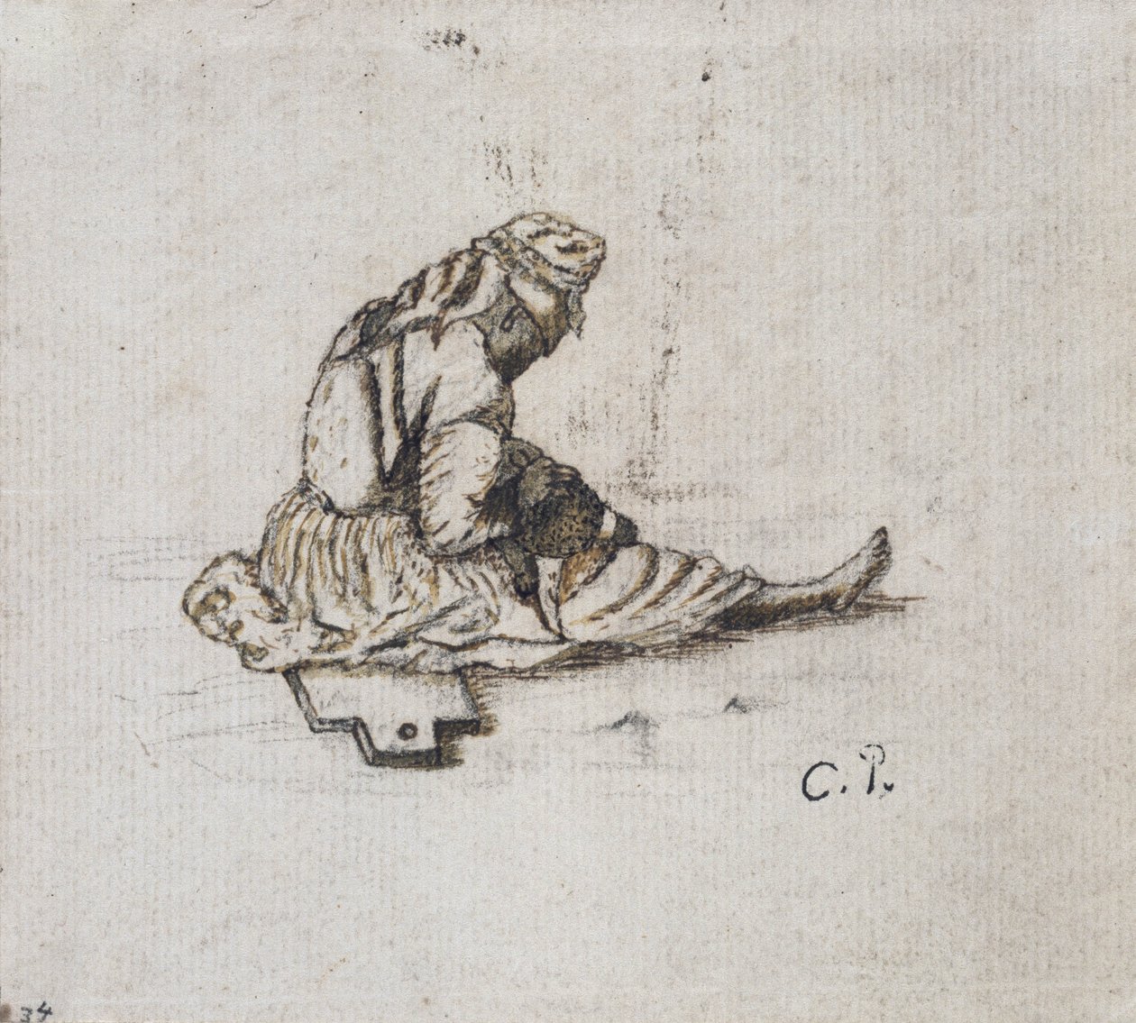Estudo de uma figura feminina sentada, costura (caneta e tinta sobre o lápis no papel) de Camille Jacob Pissarro