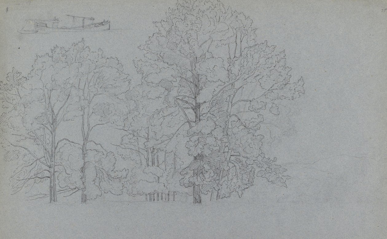 Estudo de árvores, com um ligeiro estudo de uma barcaça, 1859 (caneta e tinta escura sobre grafite em papel cinza-azul) de Camille Jacob Pissarro