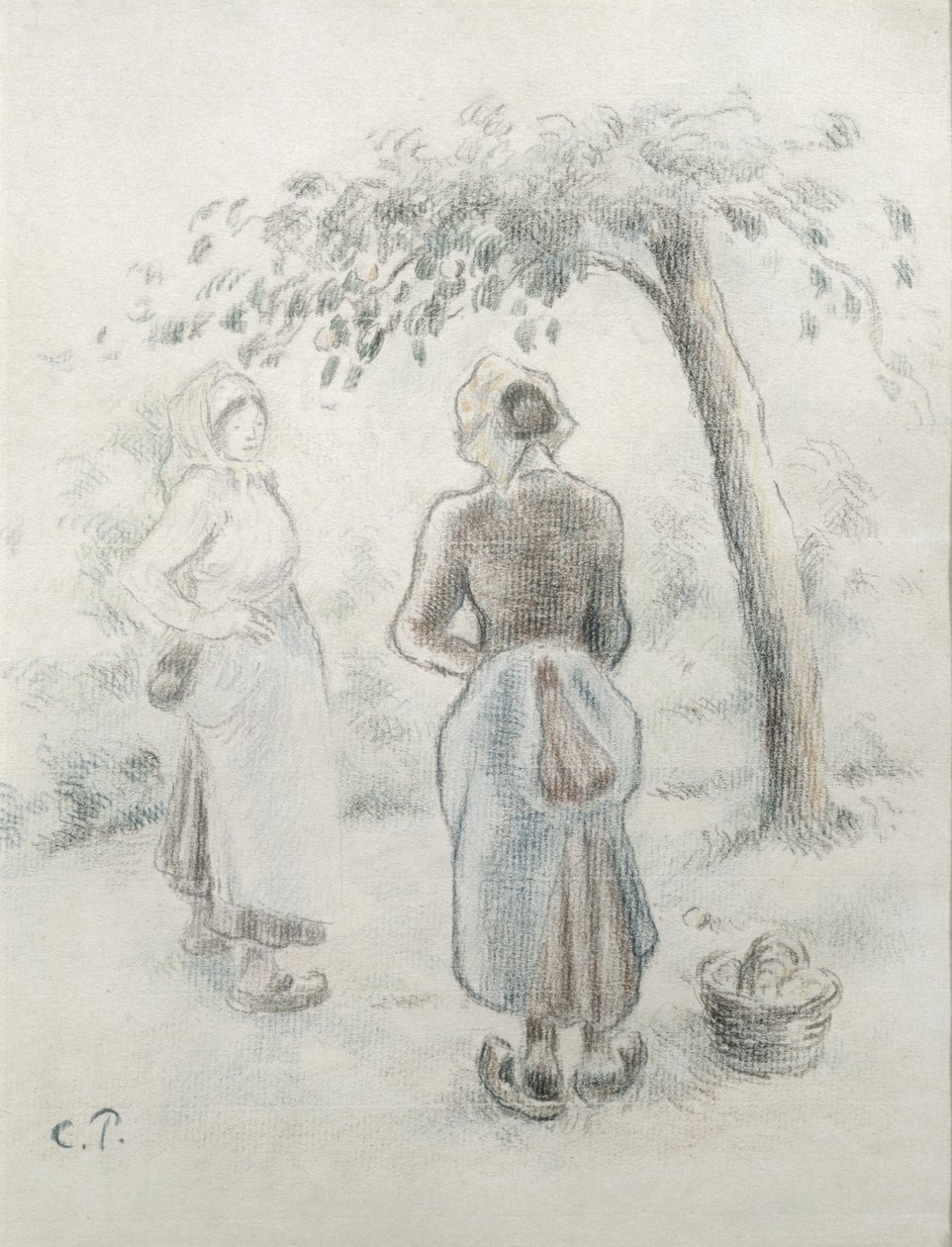 A mulher sob a macieira, c. 1896 (lápis colorido sobre papel) de Camille Jacob Pissarro