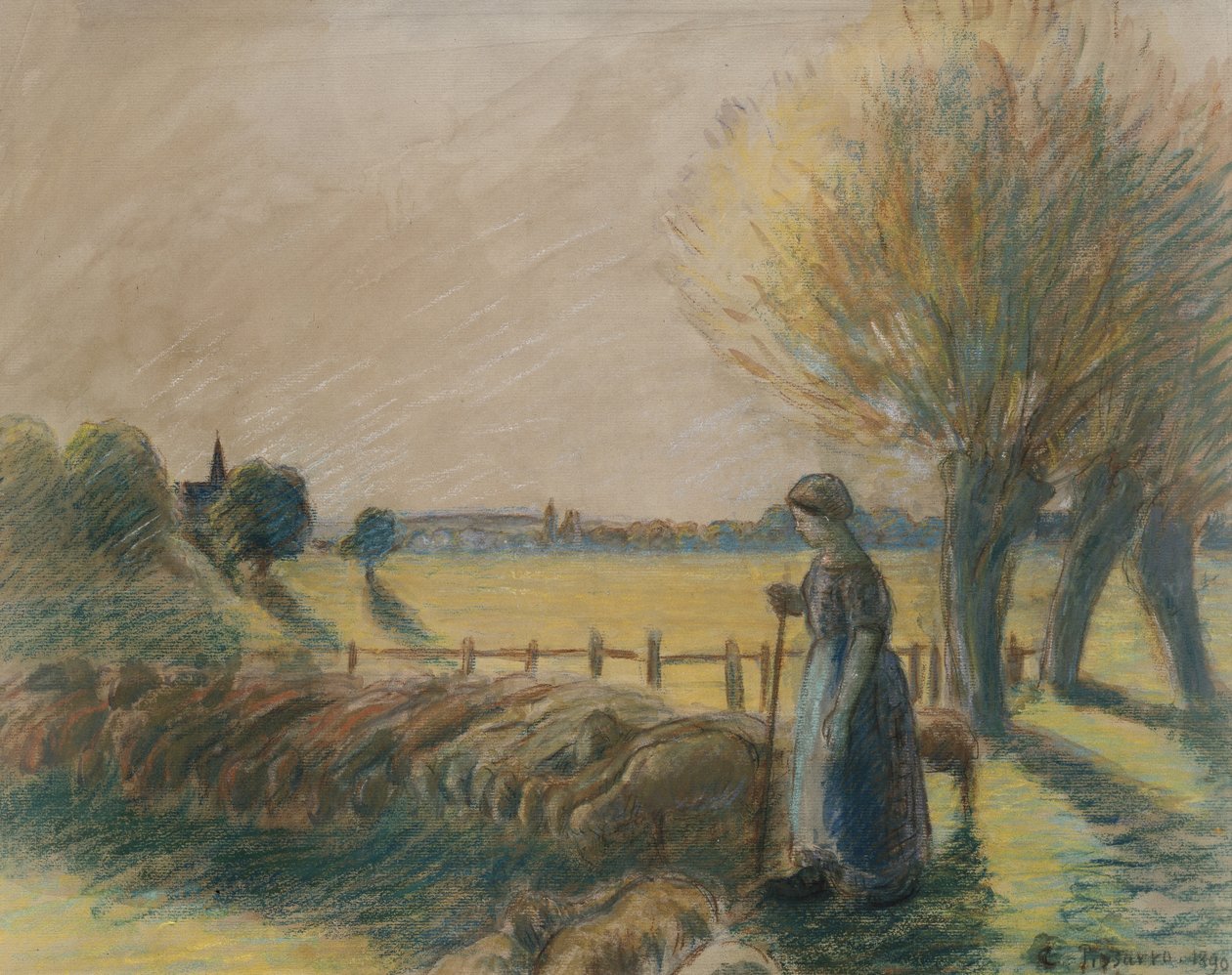 A pastora de Eragny (têmpera e pastel com traços de aguarela e lápis sobre papel cinza) de Camille Jacob Pissarro