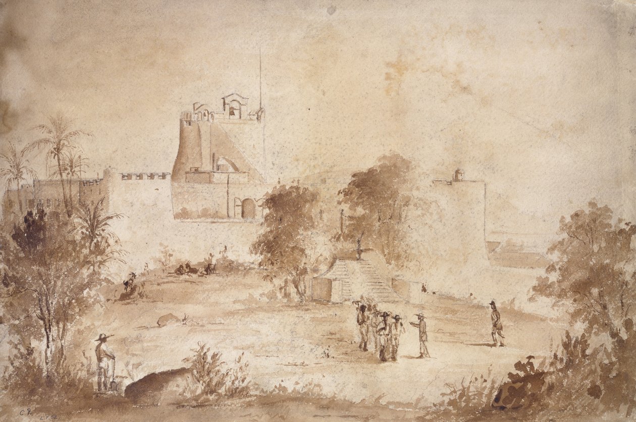 Vista, de, um, fortaleza militar, (wc, sobre, lápis, ligado, paper) de Camille Jacob Pissarro