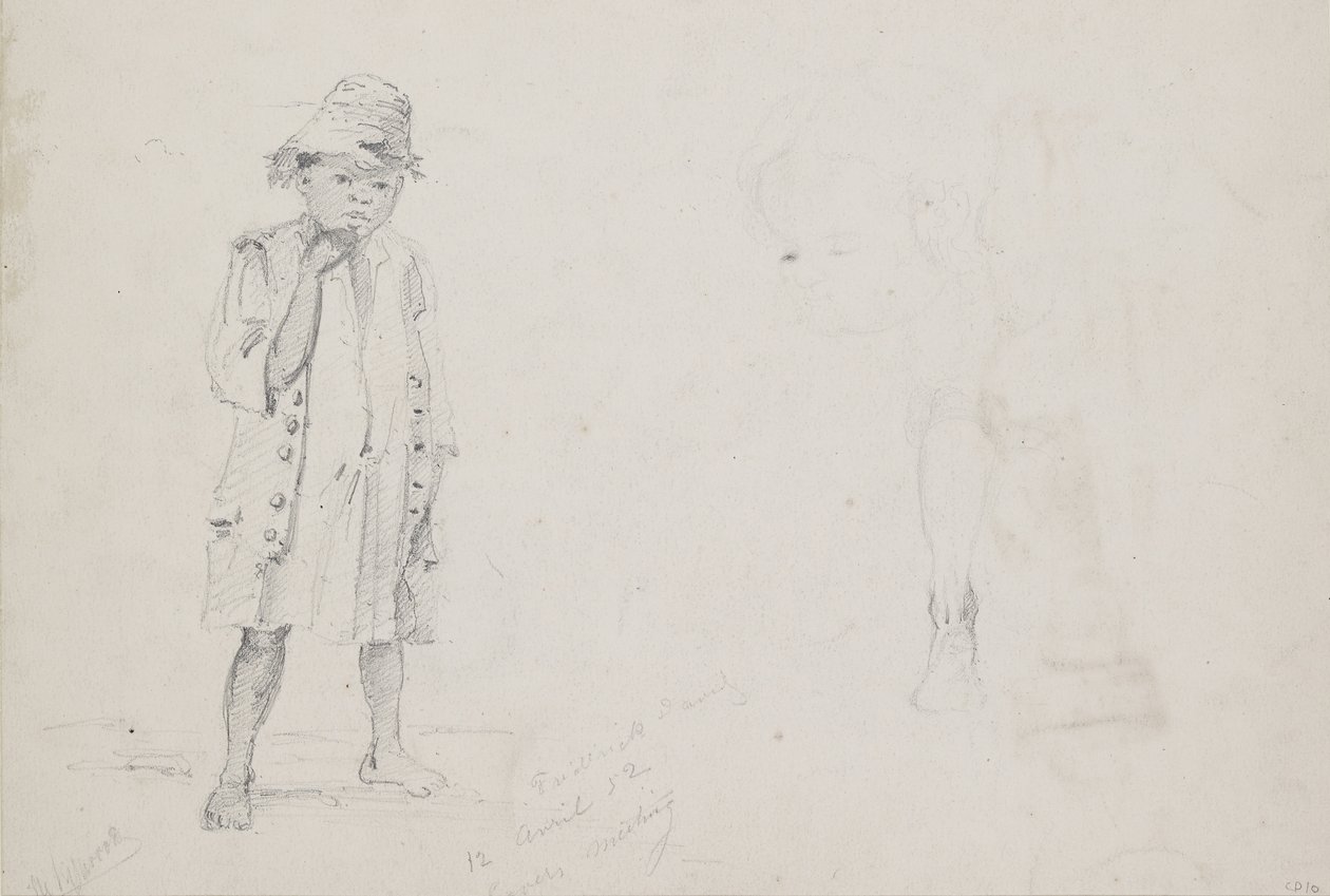 Estudo de corpo inteiro de um menino com estudos fracos do rosto e da perna esquerda visto de trás, 1852 (lápis com caneta e tinta no papel) de Camille Jacob Pissarro