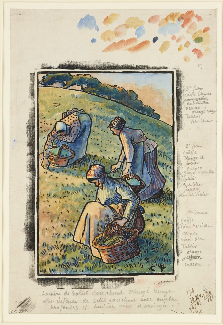 Mulheres capinando a grama (xilogravura e wc no papel) de Camille Jacob Pissarro