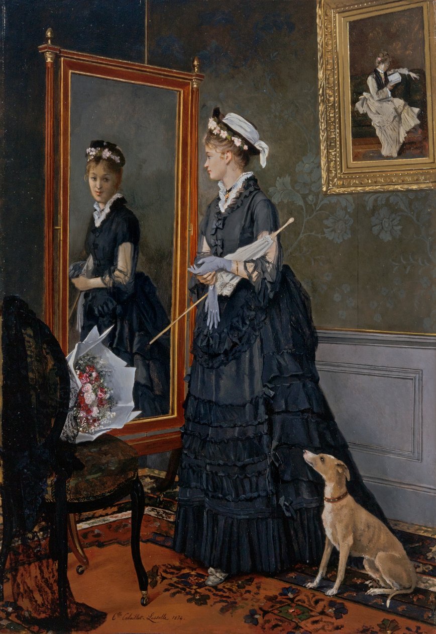 Mulher elegante a olhar para si própria num espelho de Camille Leopold Cabaillot Lasalle