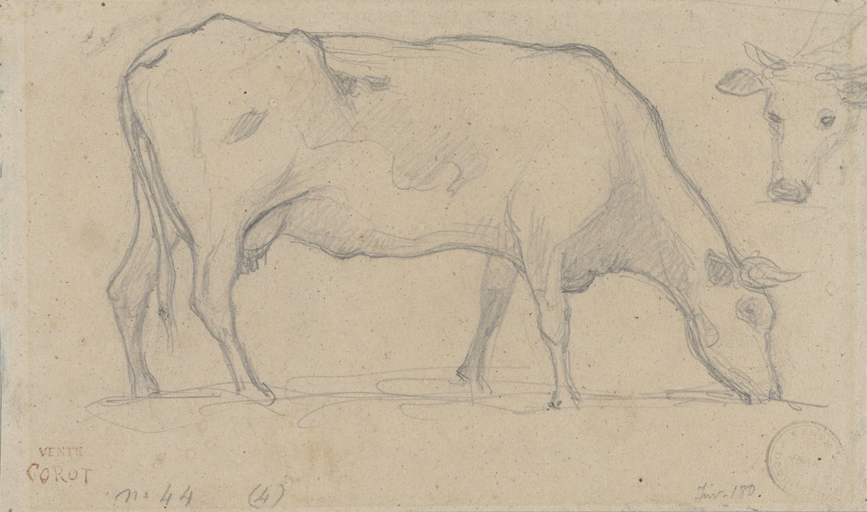 Vaca pastando, no canto superior direito novamente a cabeça de uma vaca de Camille Corot