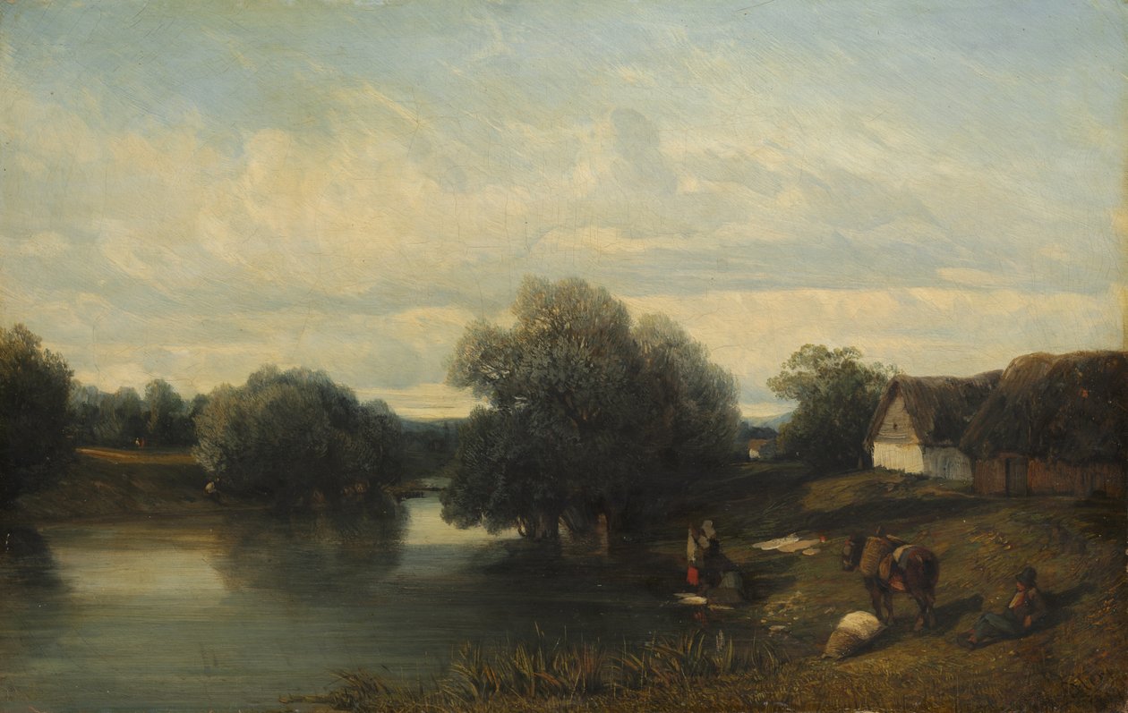 Casa de campo pelo rio com lavadeiras, 1835. de Camille Flers