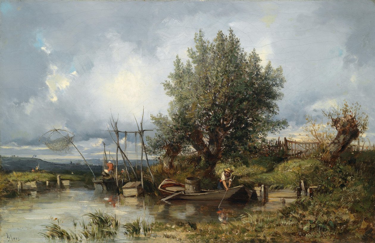 Paisagem de rio com pescadores de Camille Flers