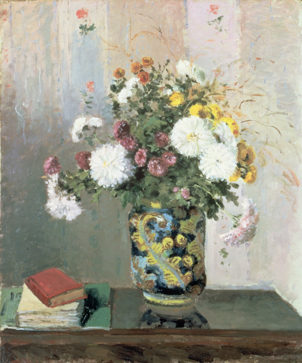 Buquê de flores, crisântemos em um vaso chinês de Camille Jacob Pissarro
