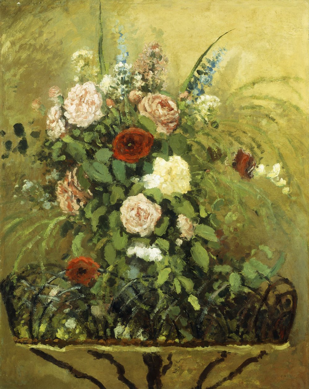 Buquê de flores com uma jardineira de madeira rústica; Buquê de flores, com plantador de madeira rústica, c.1876 de Camille Jacob Pissarro
