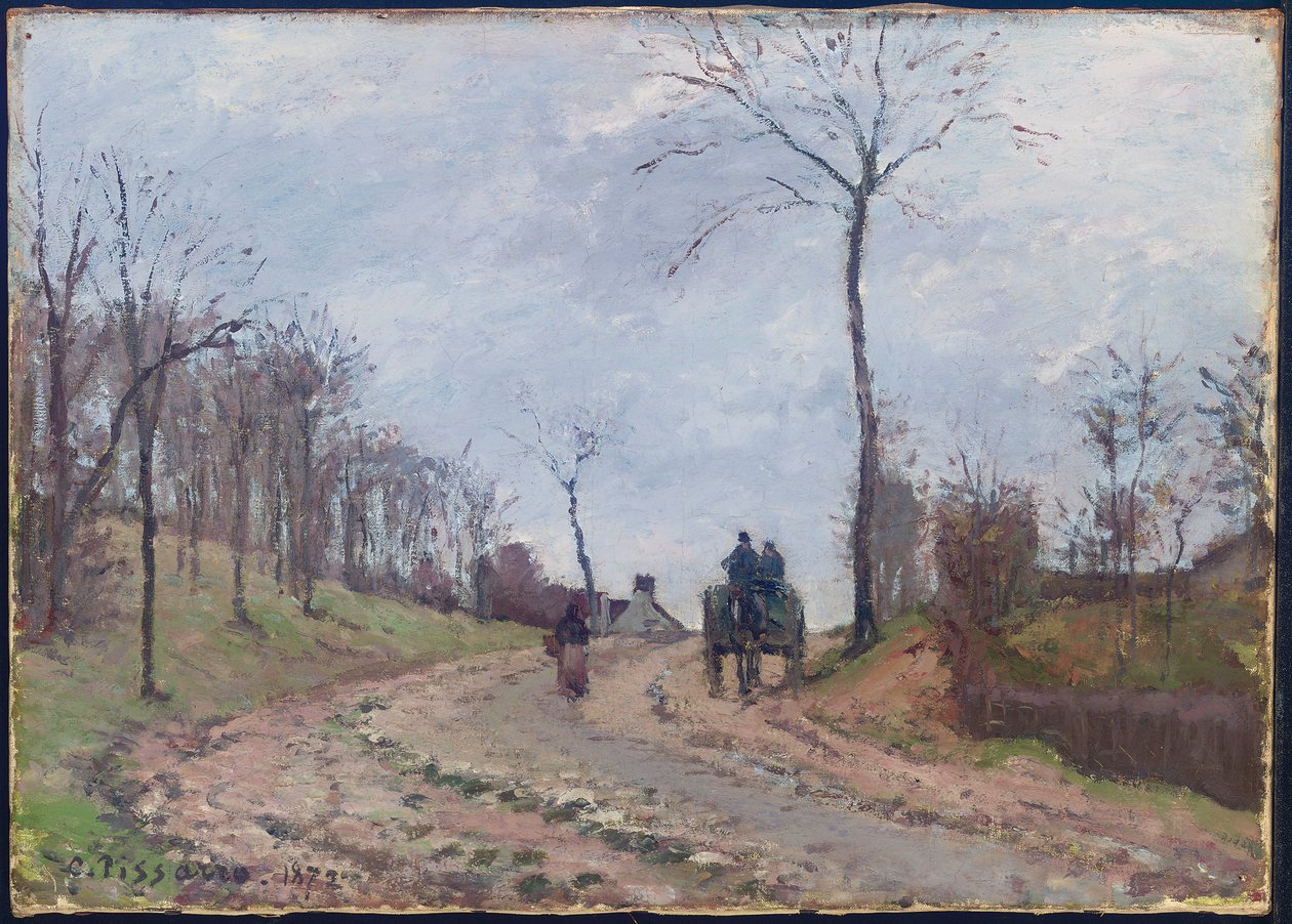 Carruagem em uma estrada rural, inverno, subúrbios de Louveciennes, 1872 de Camille Jacob Pissarro