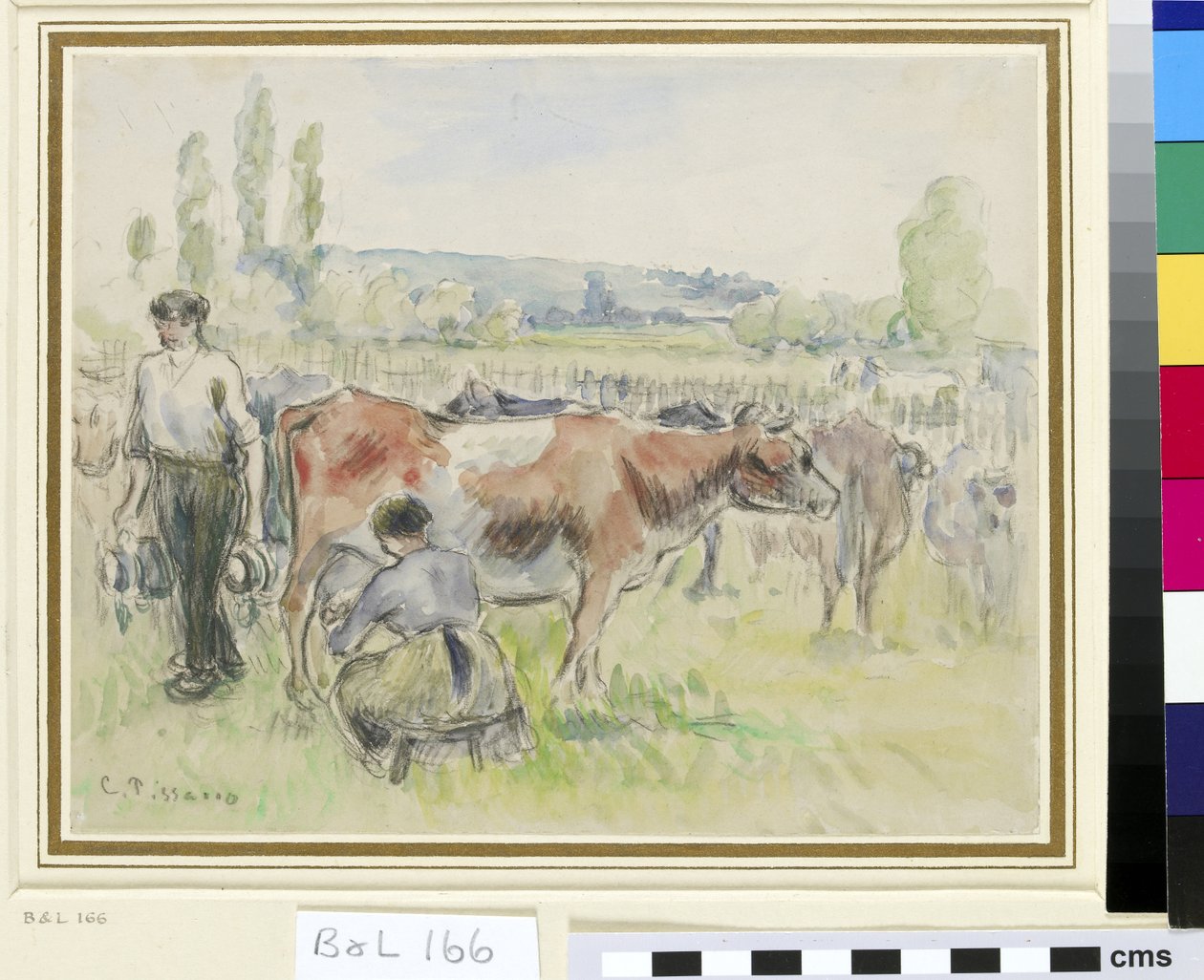 Estudo composicional de uma cena de ordenha em Eragny-sur-Epte (wc sobre giz preto sobre papel) de Camille Jacob Pissarro