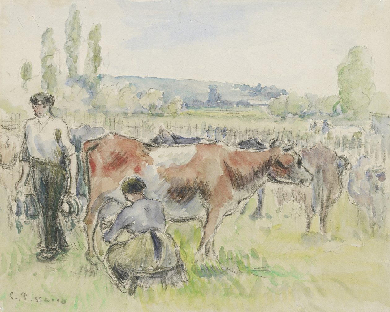 Estudo composicional de uma cena de ordenha em Eragny-sur-Epte, 1884 (aquarela sobre giz preto) de Camille Jacob Pissarro