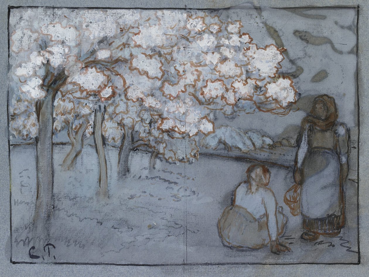 Estudo composicional de duas camponesas conversando em um pomar, c. 1894 (tintas marrom-avermelhadas e indianas sobre carvão aumentadas com bodycolour em papel azul) de Camille Jacob Pissarro