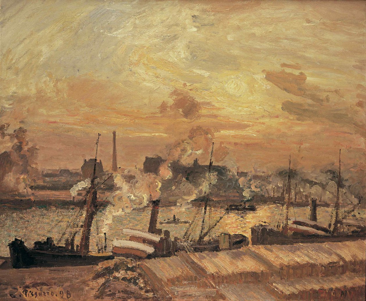 Descarga de madeira, cais da Bolsa de Valores, pôr do sol, 1898. de Camille Jacob Pissarro