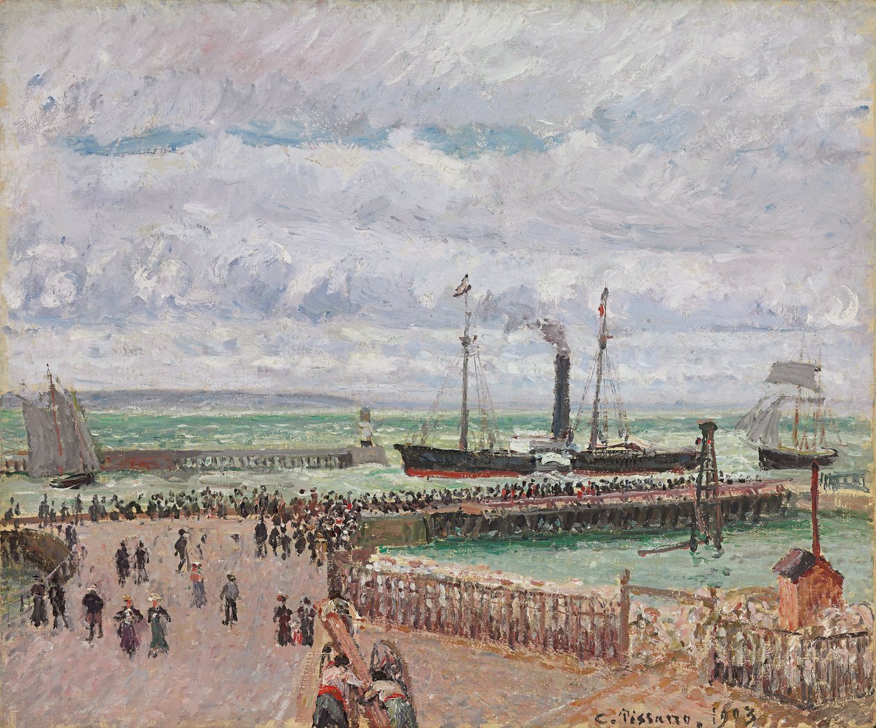 Entrada para o porto de Le Havre e os quebra-mares ocidentais, tempo cinzento luminoso; Entrada para o porto de Le Havre e o quebra-mar oeste, clima cinza brilhante, 1903 de Camille Jacob Pissarro