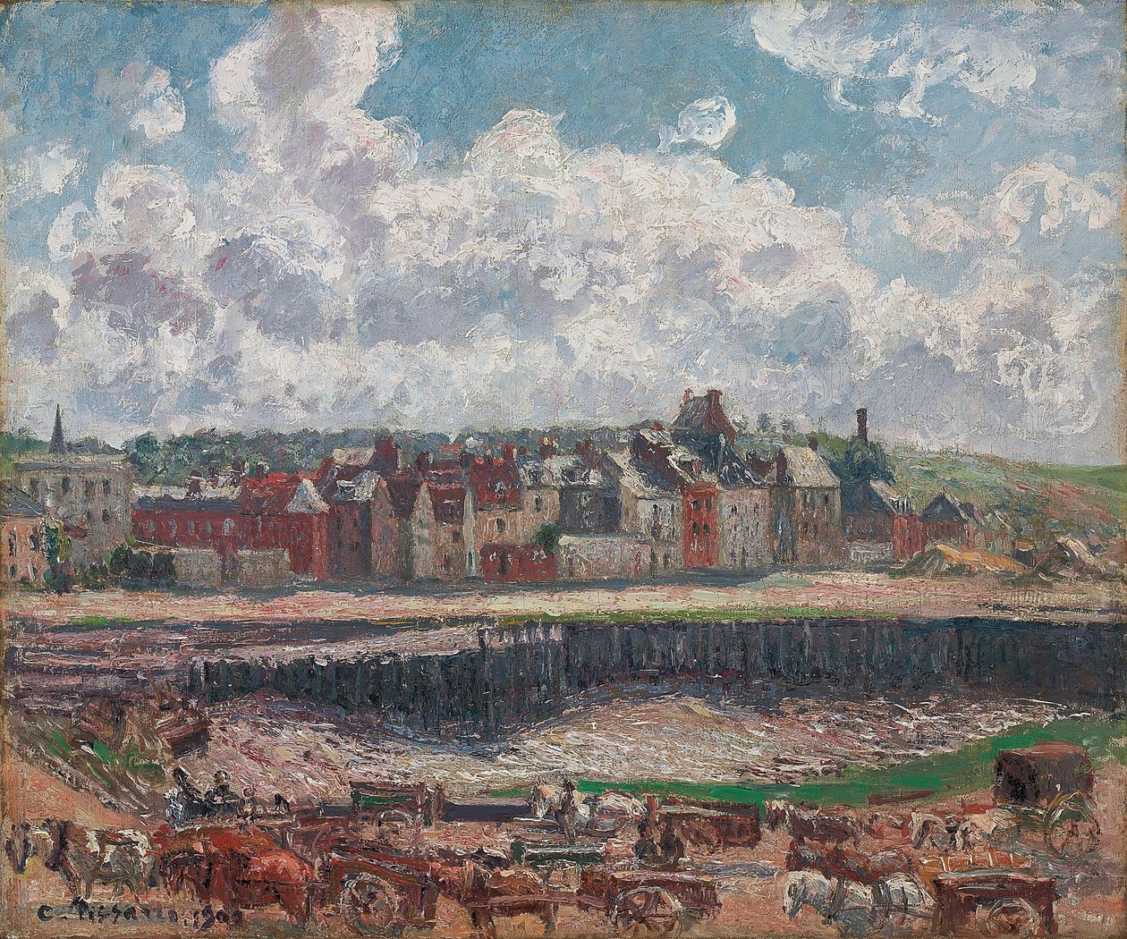 Cavalos e carroças em frente ao porto de pesca, Dieppe, na maré baixa; Cavalos e carroças em frente ao cais de pesca, Dieppe, maré baixa, 1902 de Camille Jacob Pissarro