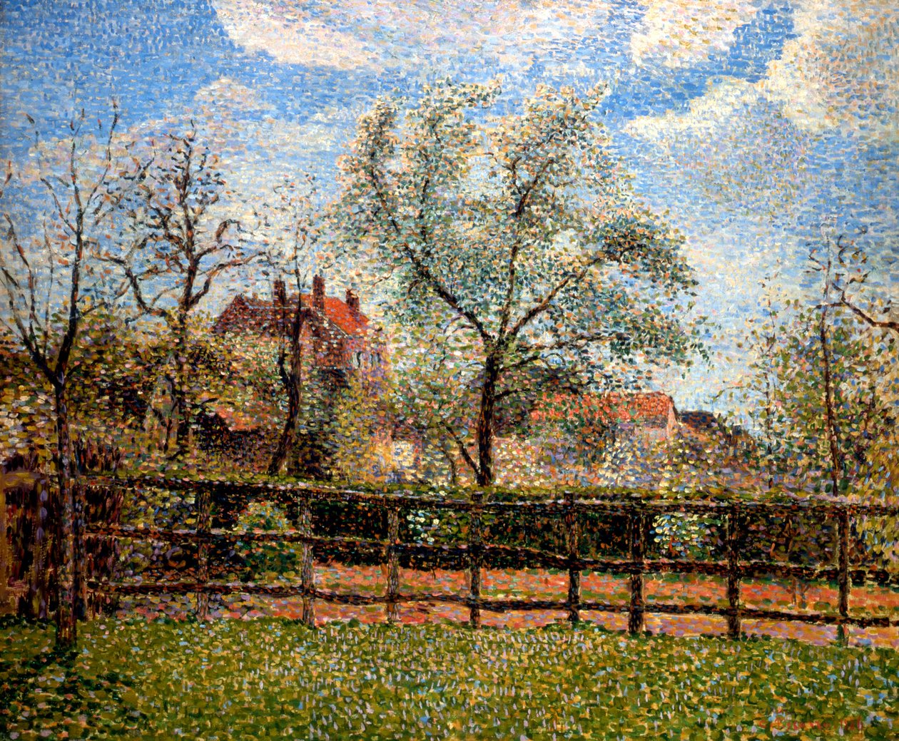 Pereiras e flores em Eragny, manhã, 1886 de Camille Jacob Pissarro