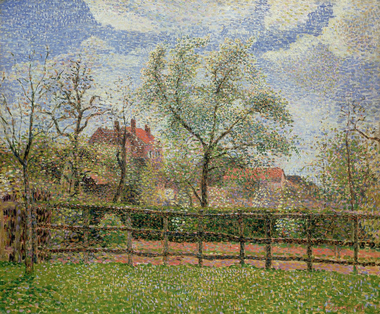 Pereiras e flores em Eragny, manhã, 1886 de Camille Jacob Pissarro