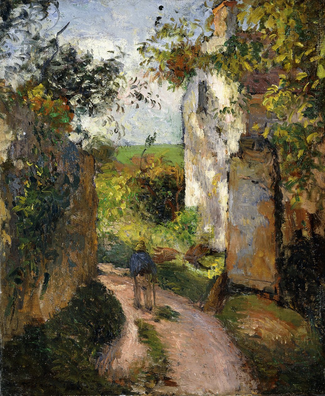 Camponês no beco de uma casa, Pontoise; Camponês em um beco "Hermitage, Pontoise, 1876 de Camille Jacob Pissarro