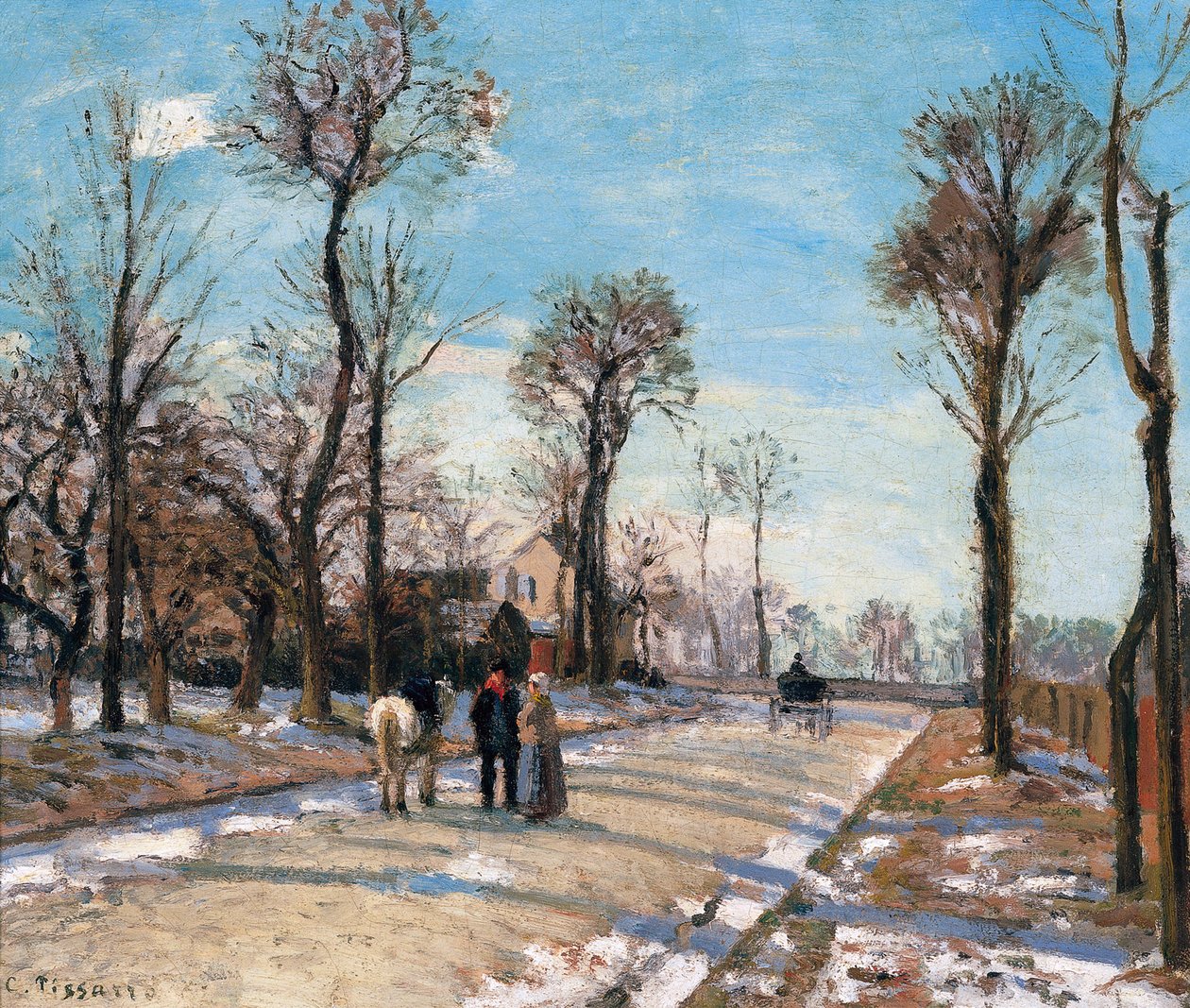 Rota de Versalhes, Louveciennes, Sol de inverno e neve, c. 1870 de Camille Jacob Pissarro