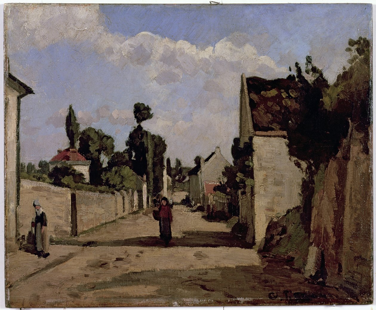 Rue de l&39;Hermitage, Pontoise, c.1867 (óleo sobre tela montado no painel) de Camille Jacob Pissarro