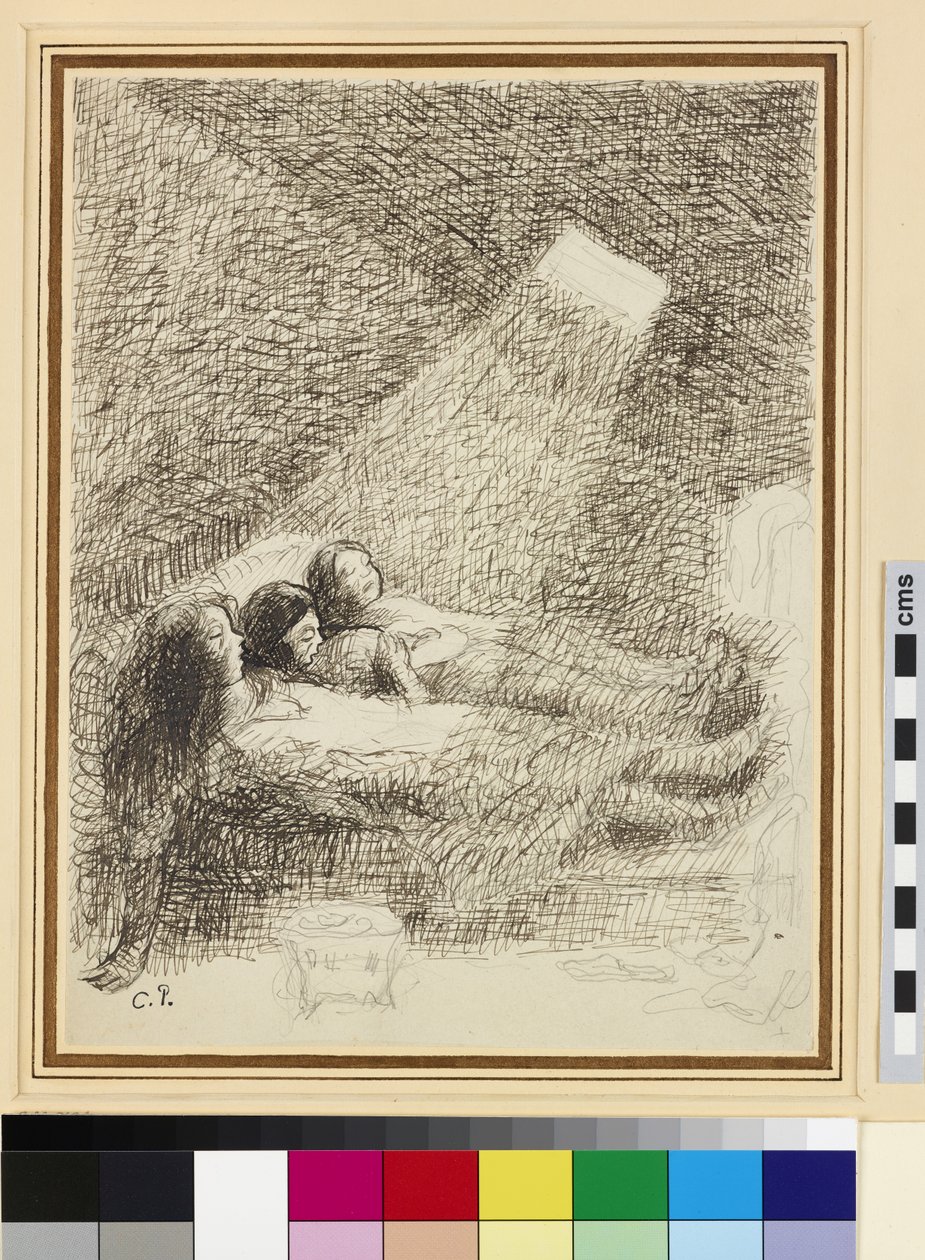 Estudo para a Asphysia (caneta e tinta sobre lápis em papel vitrificado) de Camille Jacob Pissarro