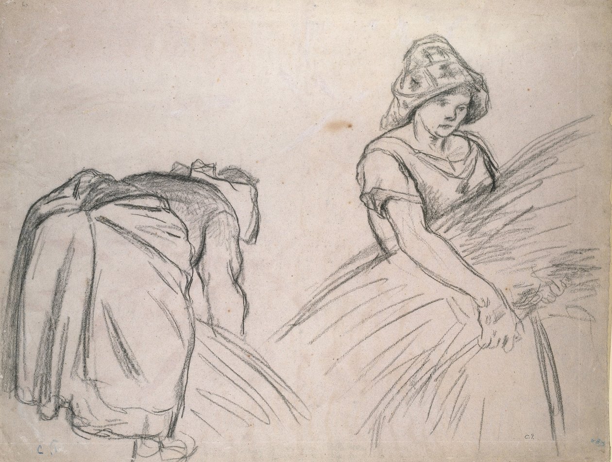 Estudo de duas colheitadeiras femininas, 1882 (giz preto sobre papel rosa com branco) de Camille Jacob Pissarro