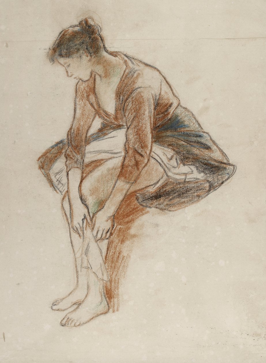 Estudo de uma jovem mulher banhando as pernas dela (giz colorido com pastel sobre papel) de Camille Jacob Pissarro
