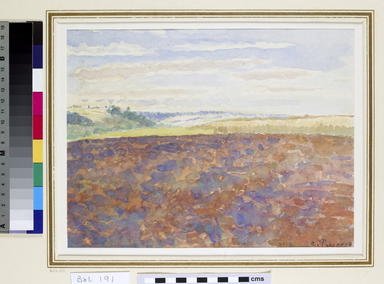 Estudo de uma paisagem com um campo arado, Eragny-sur-Epte, c.1887-89 (wc no papel) de Camille Jacob Pissarro