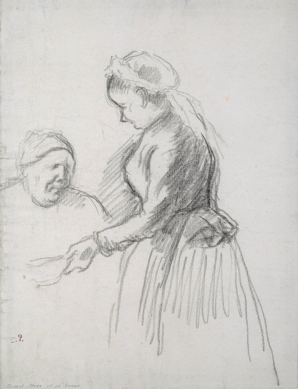 Estudo da mãe do artista com sua empregada doméstica (carvão no papel) de Camille Jacob Pissarro