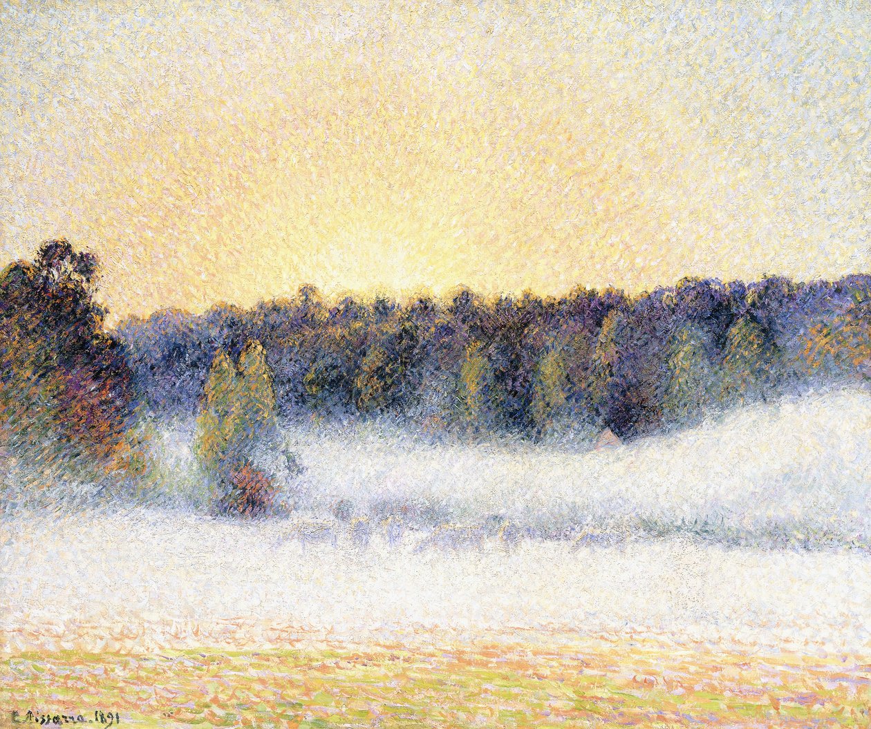 Pôr do sol e névoa em Eragny, 1891 de Camille Jacob Pissarro