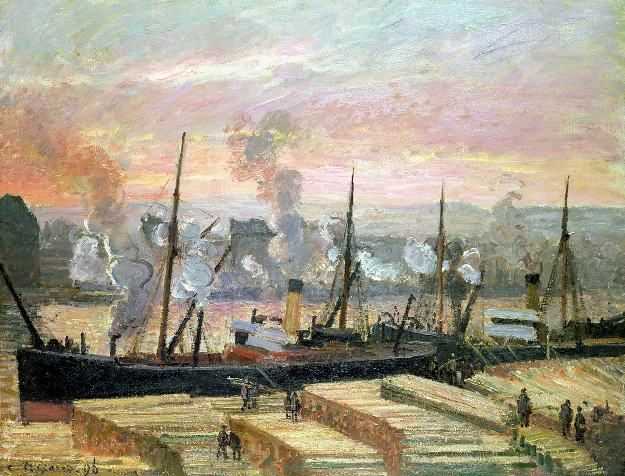 Pôr do sol em Rouen, barcos descarregando madeira, 1896 de Camille Jacob Pissarro