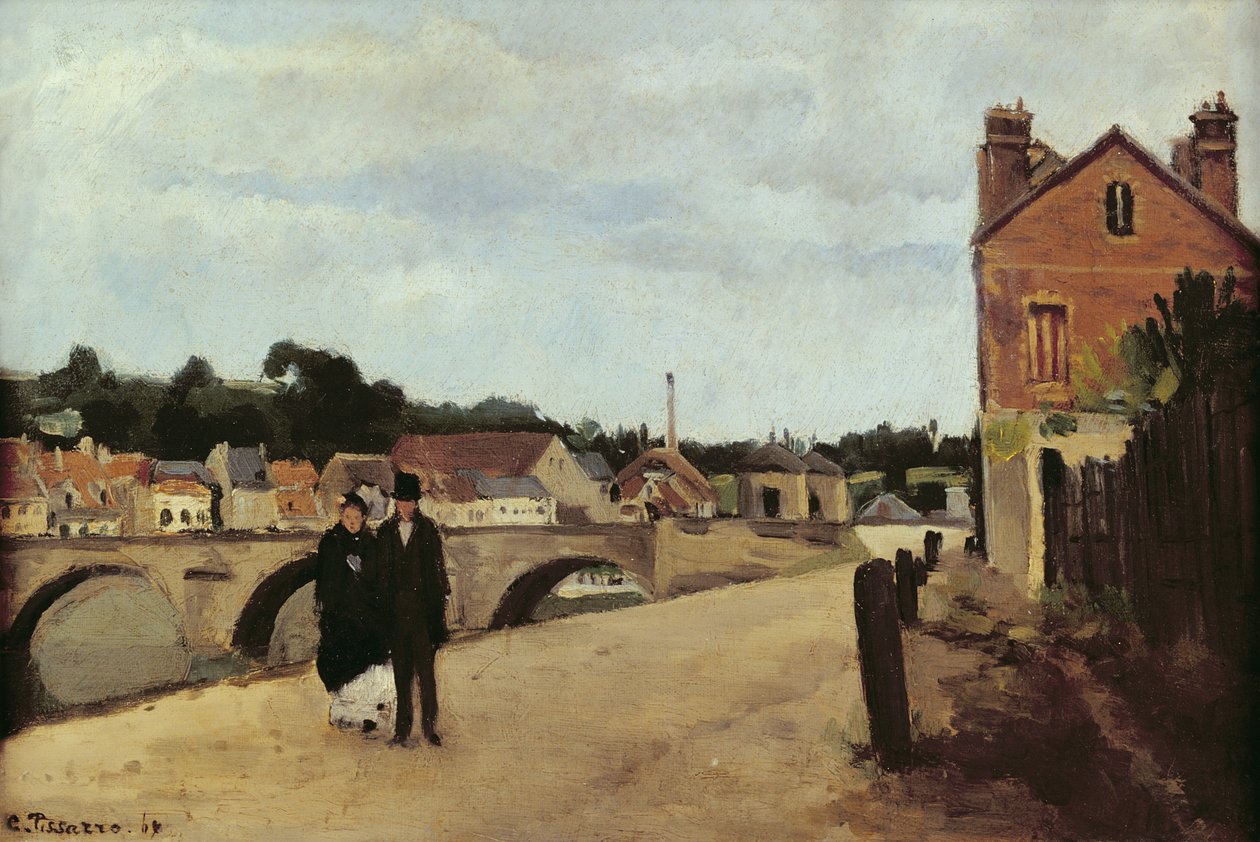 O Chemin de l&39;Ecluse e a Ponte Pontoise, 1867 (óleo sobre tela montado no painel) de Camille Jacob Pissarro
