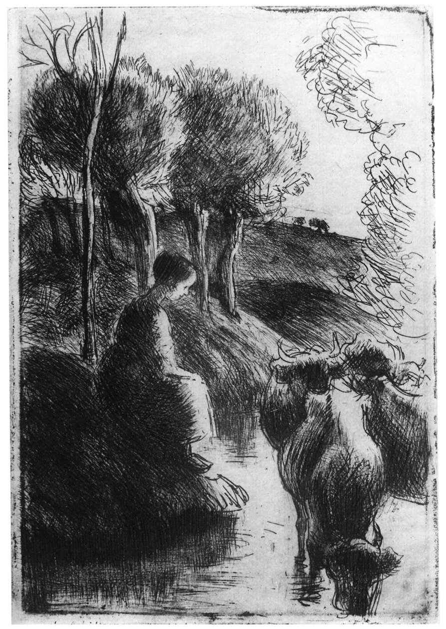 Vachere au Bord de Leau, vaqueiro ao lado da água, c1850-1900 1924 de Camille Jacob Pissarro