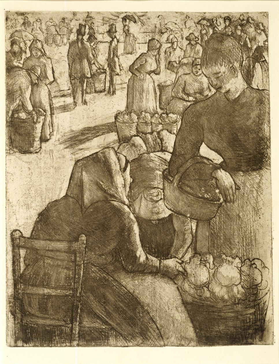 Mercado de Produtos Hortícolas em Pontoise, 1891 (gravura de solo mole e aquatinta) de Camille Jacob Pissarro