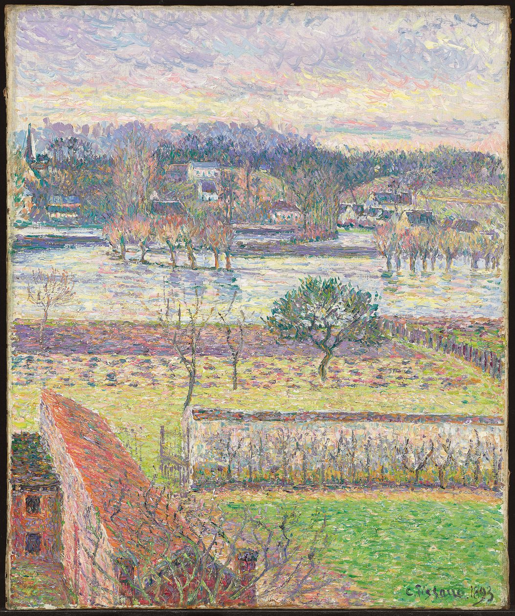 Vista da minha janela, inundação, noite, Eragny; Vista da minha janela, inundação, efeito de noite, Eragny, 1893 de Camille Jacob Pissarro