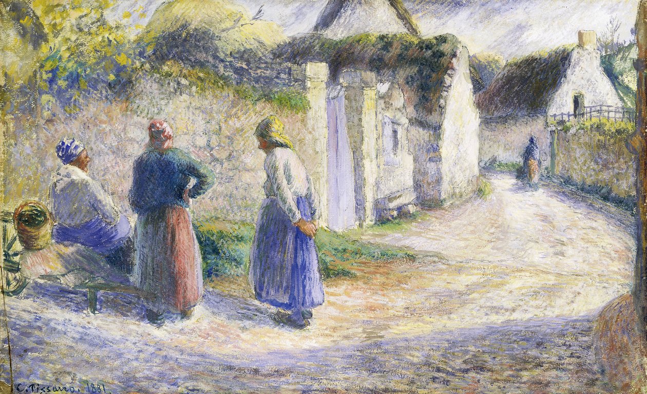 Village Street com três pessoas à direita de Camille Jacob Pissarro