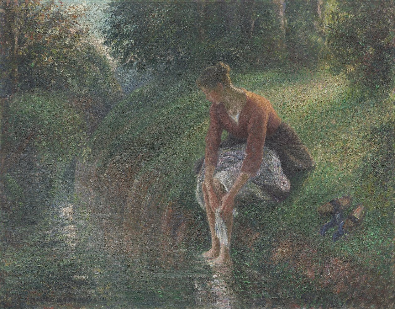 Mulher banhando os pés em um riacho, 1894-95 de Camille Jacob Pissarro